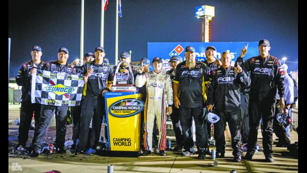 (Photo courtesy Justin Whapham/GMS Racing) Winamac native Justin Haley and his Fraternal Order of Eagles crew celebrate their first victory at Gateway Motorsports Complex near St. Louis over the weekend.