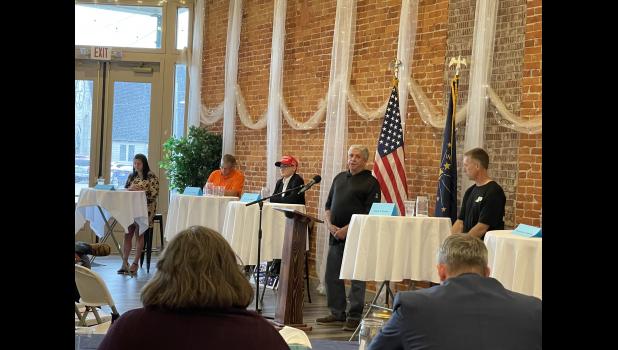 Photo by Megan Galbreath Five of the ten candidates running for the three available at-large Pulaski County Council seats took to the podium to debate the issues on Wednesday, April 3 at One Eyed Jack’s Celebration Station.