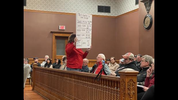 Photo by Megan Galbreath Kathy Wyatt, of Winamac, holds a sign during the Pulaski County Commissioners meeting on March 2 titled, the “Top 5 Counties by Solar Acreage.”