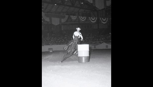 ProRodeo Hall of Fame Collection. Loretta Manuel barrel racing in Albuquerque, New Mexico, 1965.