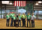 There were six contestants vying for the title of 2026 Ultimate Showman. Pictured (left to right) are: Sophia Watwood, Alana Kasten, Kinzie Bonnell, 2026 Ultimate Showman Brody Bonnell, Karaline Keller, Cameron Hilton and Judge Clinton Shireman.
