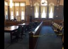 Warning tape was hung in the Pulaski Circuit Court to warn visitors that the ceiling is falling. The tape will soon be removed because of a jury trial. The temporary fix is to knock the loose portions of the ceiling down.